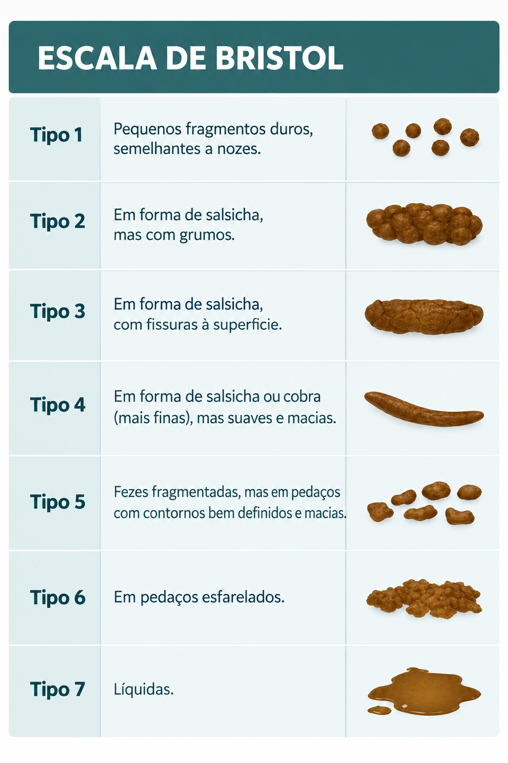 Escala de Bristol: 7 tipos de fezes ilustrados. Tipo 1: pequenos fragmentos duros, semelhantes a nozes. Tipo 2: em forma de salsicha, mas com grumos. Tipo 3: em forma de salsicha, com fissuras à superfície. Tipo 4: em forma de salsicha ou cobra, mais finas, suaves e macias. Tipo 5: fezes fragmentadas, em pedaços com contornos bem definidos e macias. Tipo 6: em pedaços esfarelados. Tipo 7: líquidas.